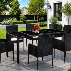 Durable Black Poly Rattan Garden Table with Glass Top