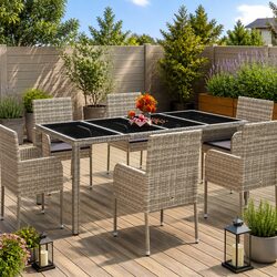 Outdoor Patio Garden Table with Glass Top, Grey 190x90x75cm