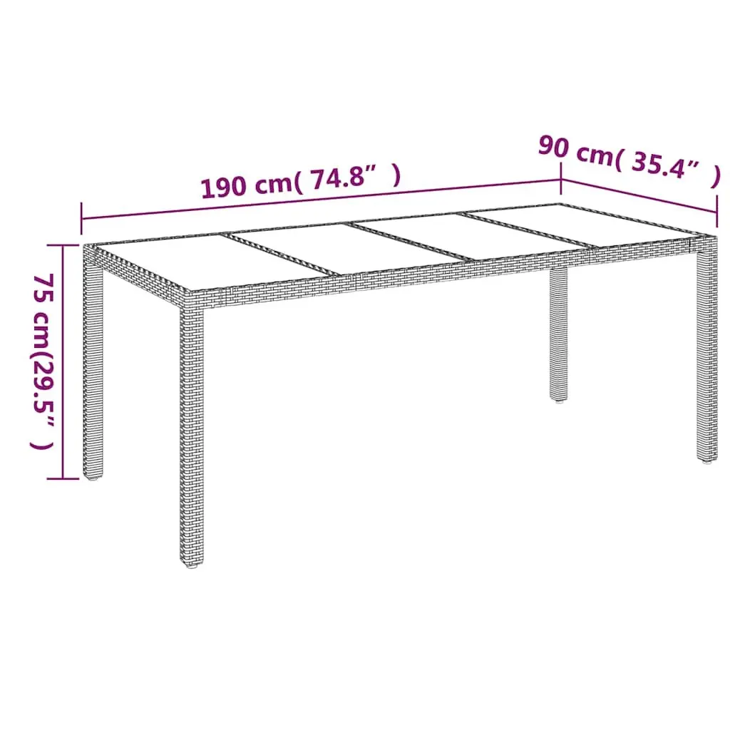 Garden Table Tempered Glass Poly Rattan 190x90x75cm Grey