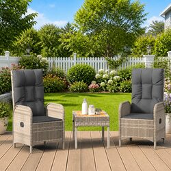 3 Piece Grey Poly Rattan Garden Lounge Set with Cushions