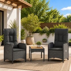 Black Poly Rattan 3 Piece Garden Lounge Set with Cushions