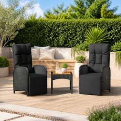 Outdoor Reclining Chairs with Table Set 2 Pieces Black Poly Rattan Garden