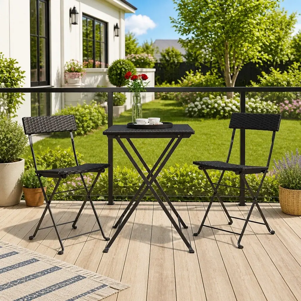 Folding Bistro Chair Outdoor Garden Seating Poly Rattan Steel Frame 2 Piece Set