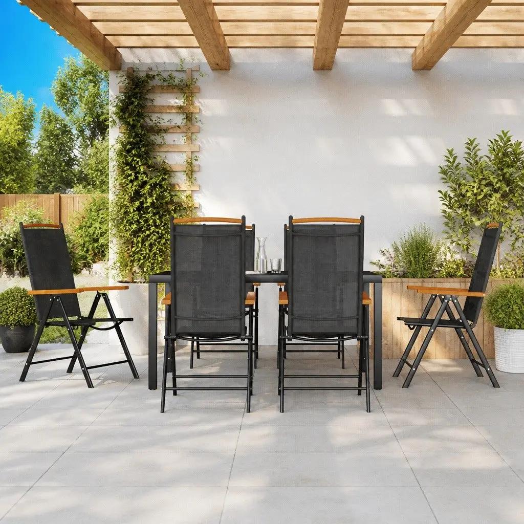 7 Piece Black Garden Dining Set with Foldable Chairs