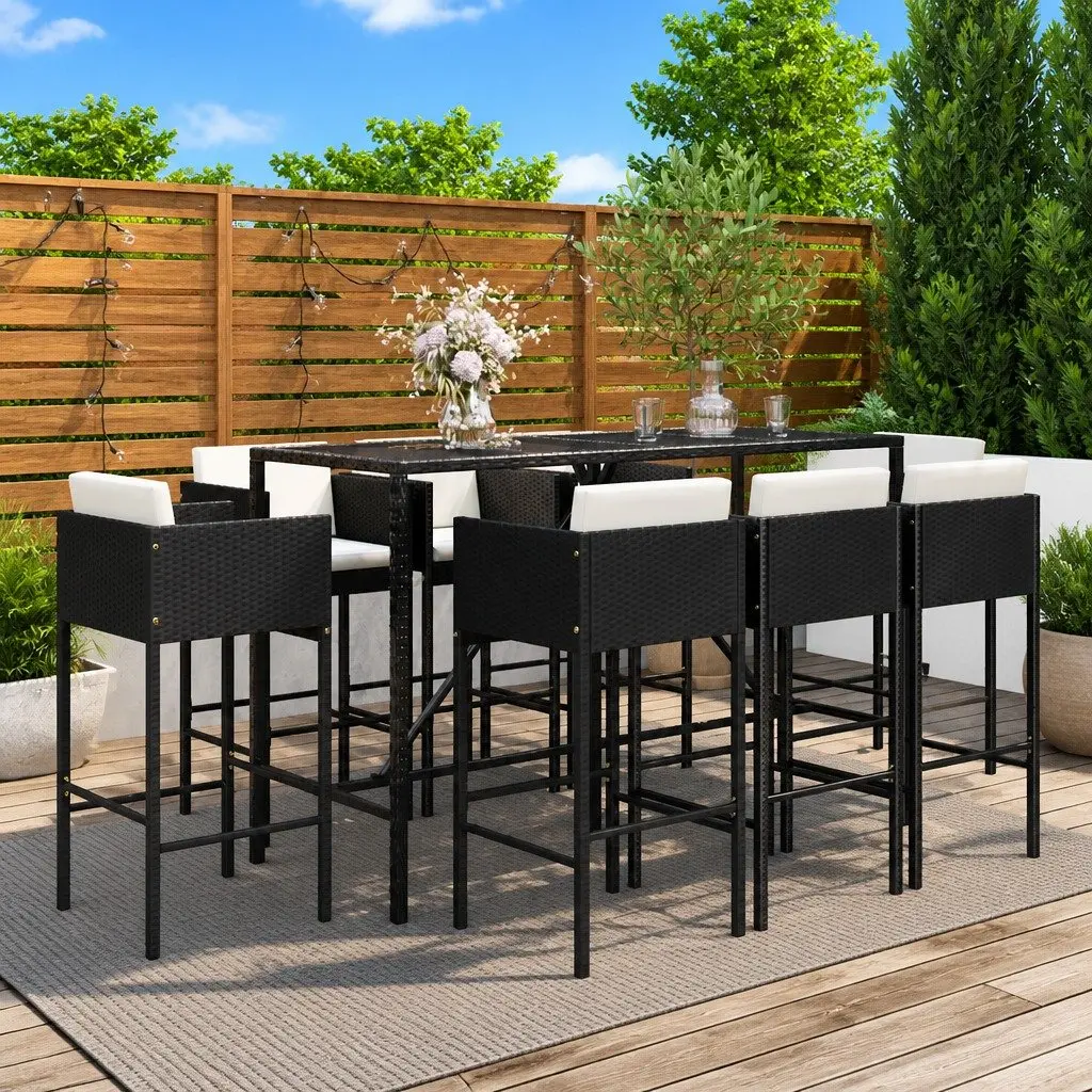 9-Piece Black Poly Rattan Garden Bar Set