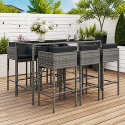Stylish 7 Piece Garden Bar Set with Grey Rattan Stools