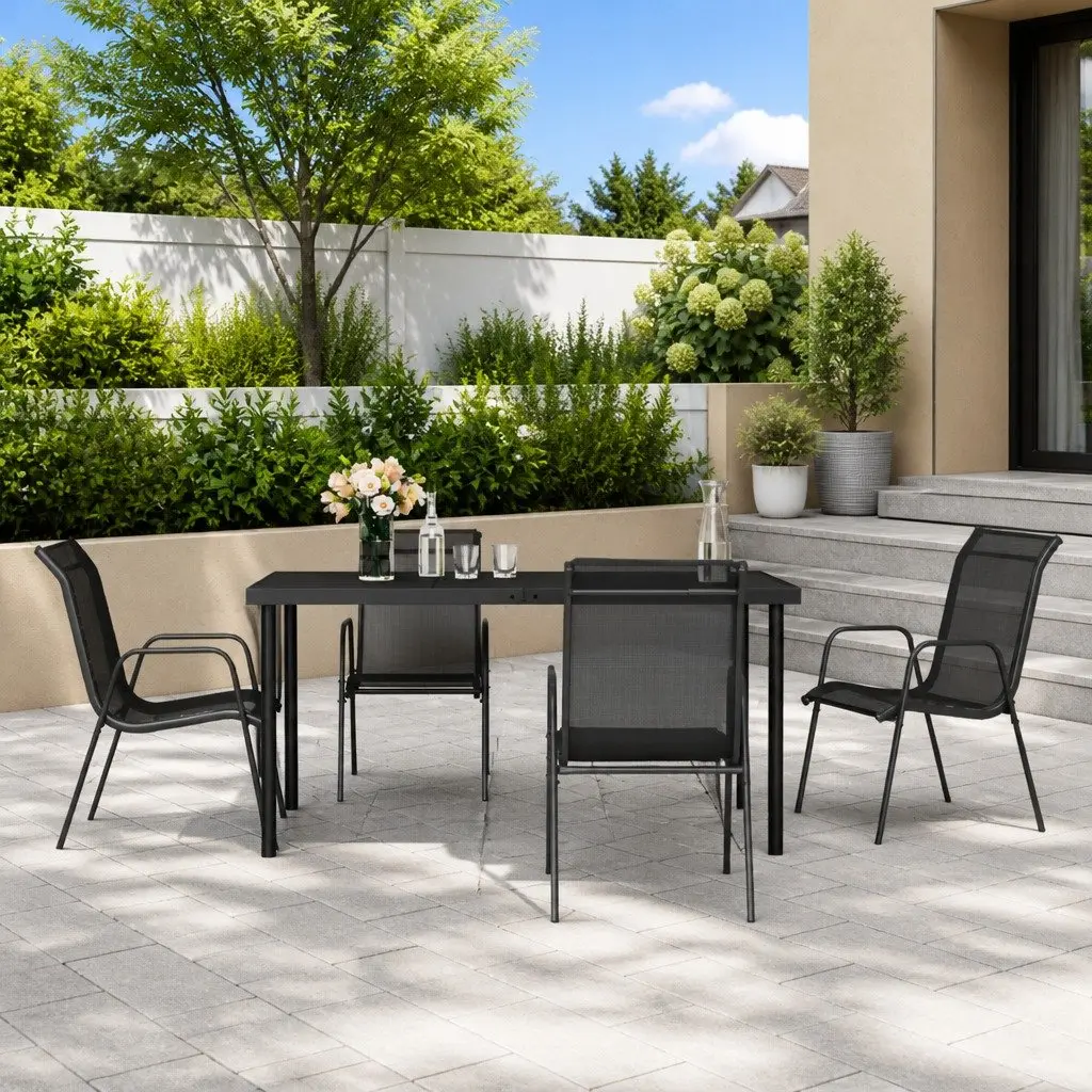 5 Piece Outdoor Dining Set Steel Black Textilene Chairs Glass Table