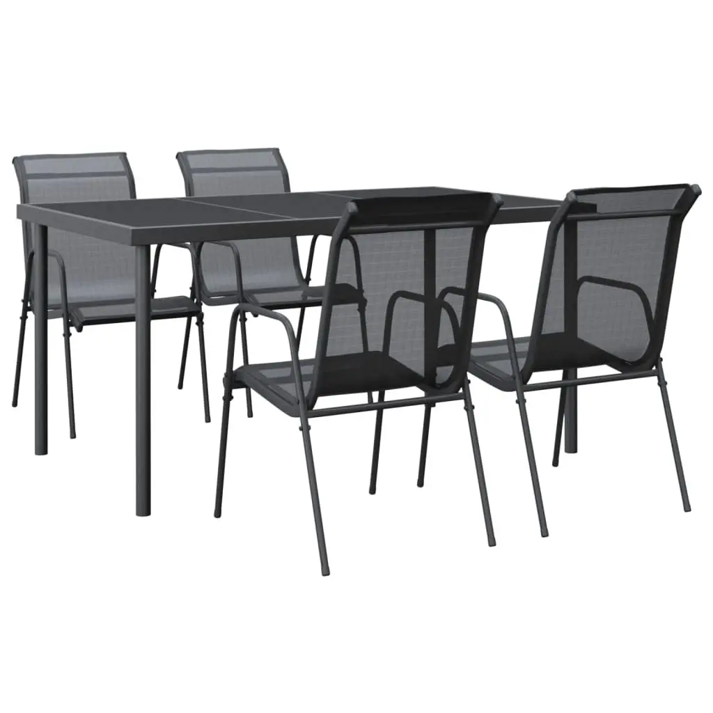 5 Piece Outdoor Dining Set Steel Black Textilene Chairs Glass Table