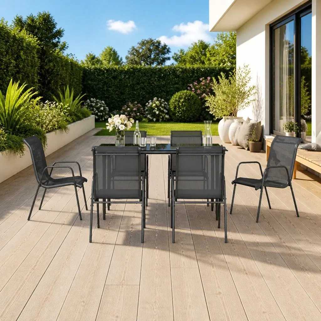 7 Piece Outdoor Garden Dining Set Steel Textilene Chairs Table Black