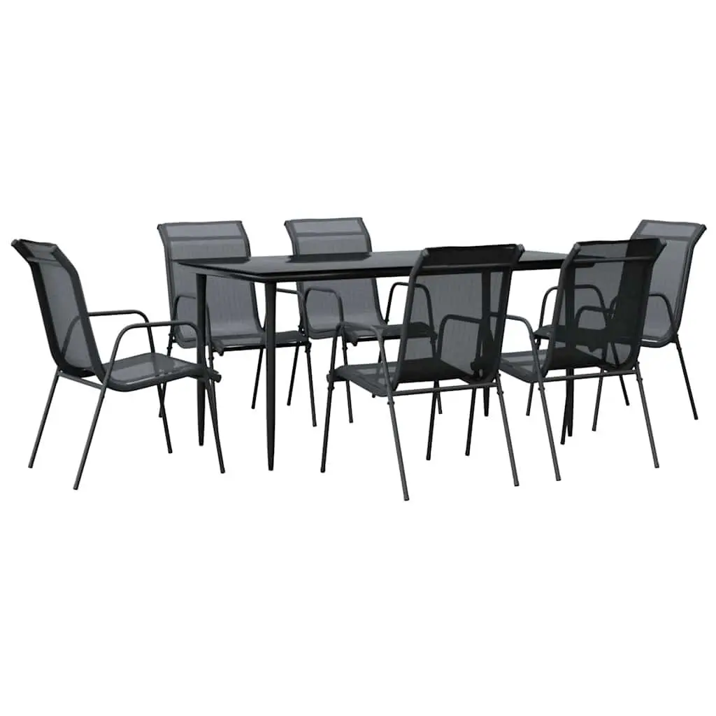 Garden Dining Set Powder-coated Steel 7 Piece Black Textilene Armchairs Table