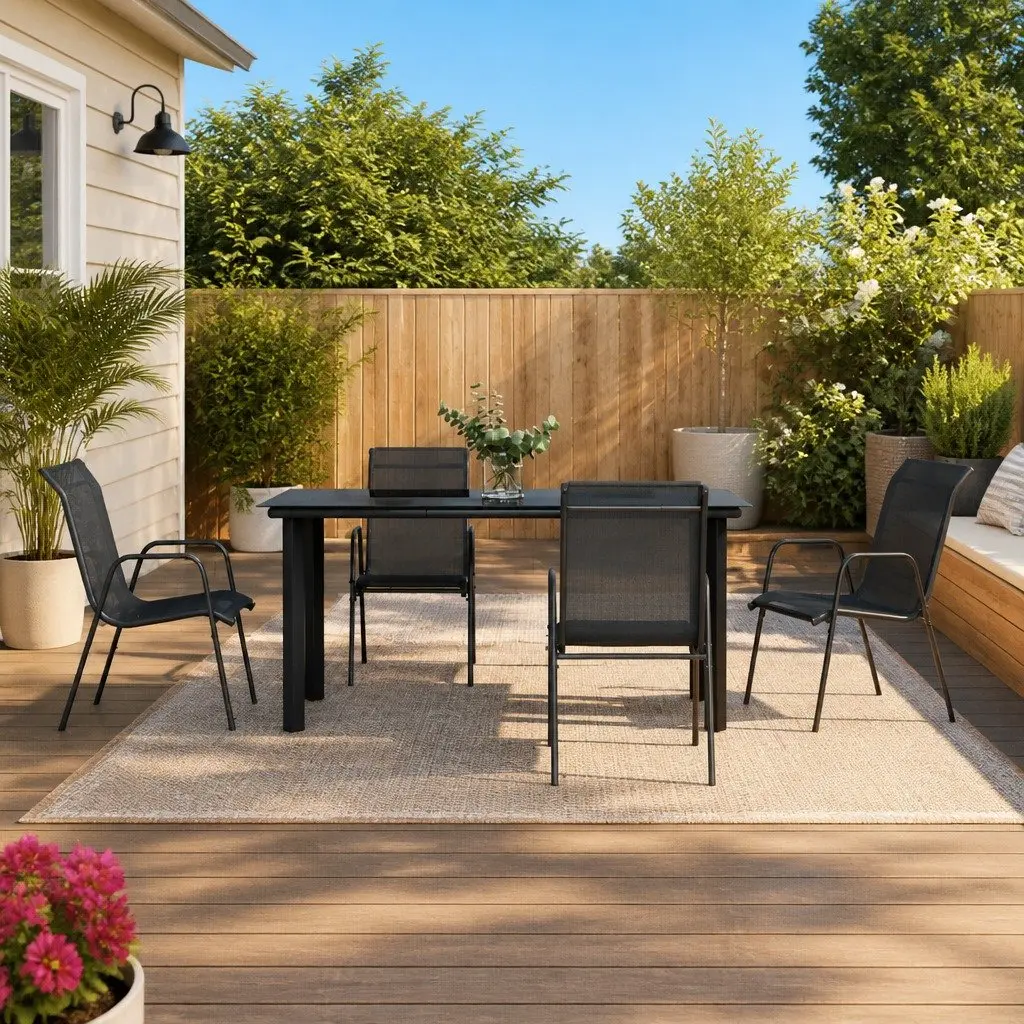 Garden Dining Set Black Steel Textilene 5 Piece Outdoor Patio