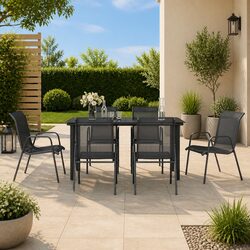 7 Piece Black Steel Outdoor Dining Set with Glass Table