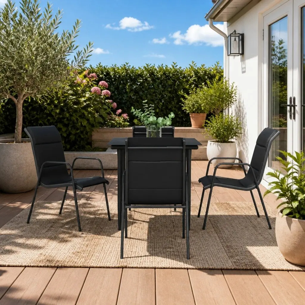 Garden Dining Set 5 Piece Powder-coated Steel Textilene Chairs Table Black