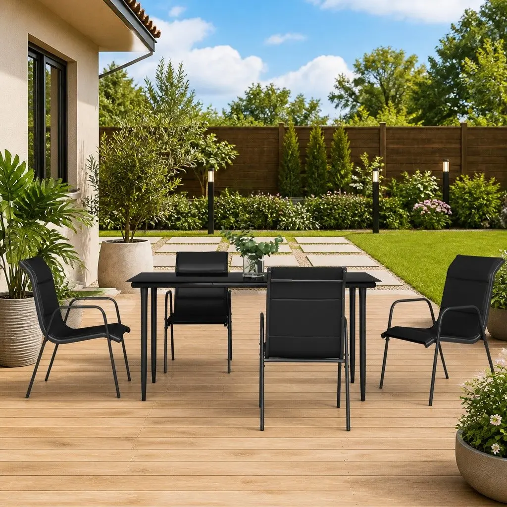 Garden Dining Set Steel Black 5 Piece Outdoor Furniture Table Chairs Textilene