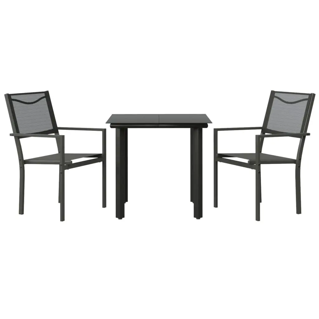 Outdoor Furniture Dining Set 3 Piece Black Textilene Steel Table and Armchairs