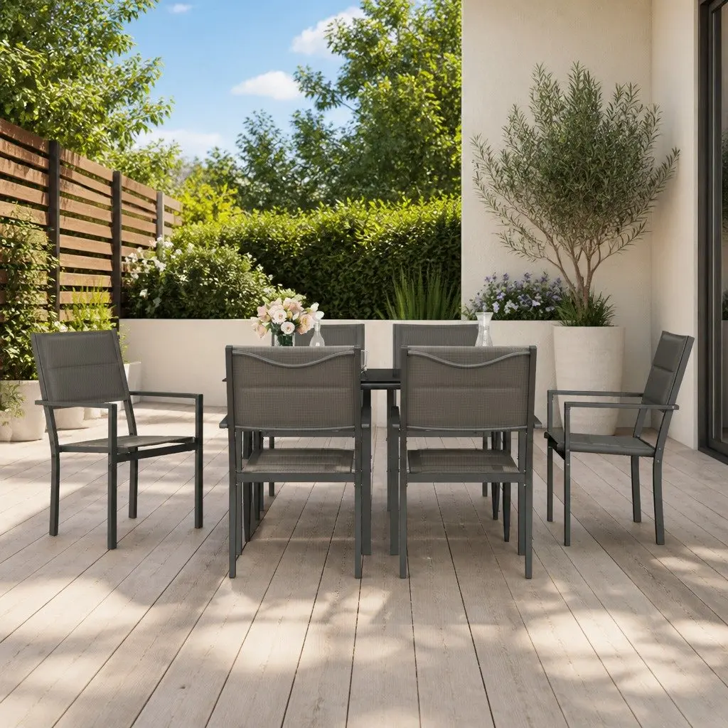 Garden Dining Set Black Steel Textilene 7 Piece