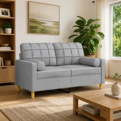 2-Seater Sofa Grey Fabric Modern Lounge Couch with Throw Pillows 120cm Living