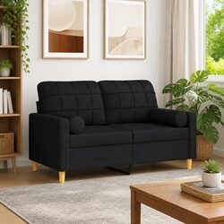 2-Seater Sofa Black 120cm Modern Design Lounge with Throw Pillows Fabric Settee
