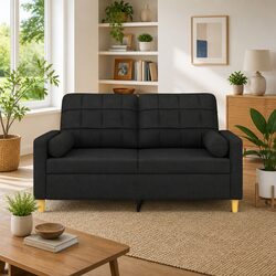 Stylish 2-Seater Black Sofa with Durable Fabric & Pillows