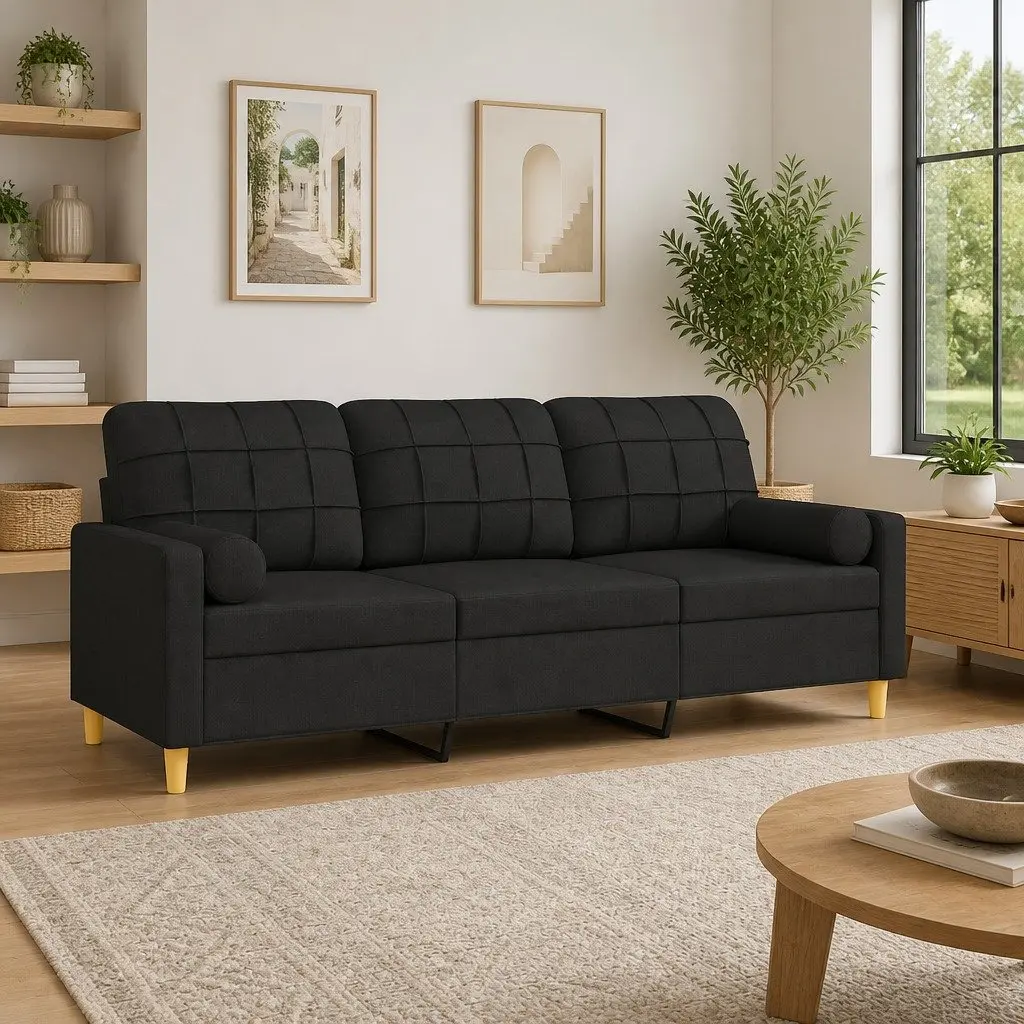 3-Seater Sofa Fabric 180cm Black Modern Lounge Couch