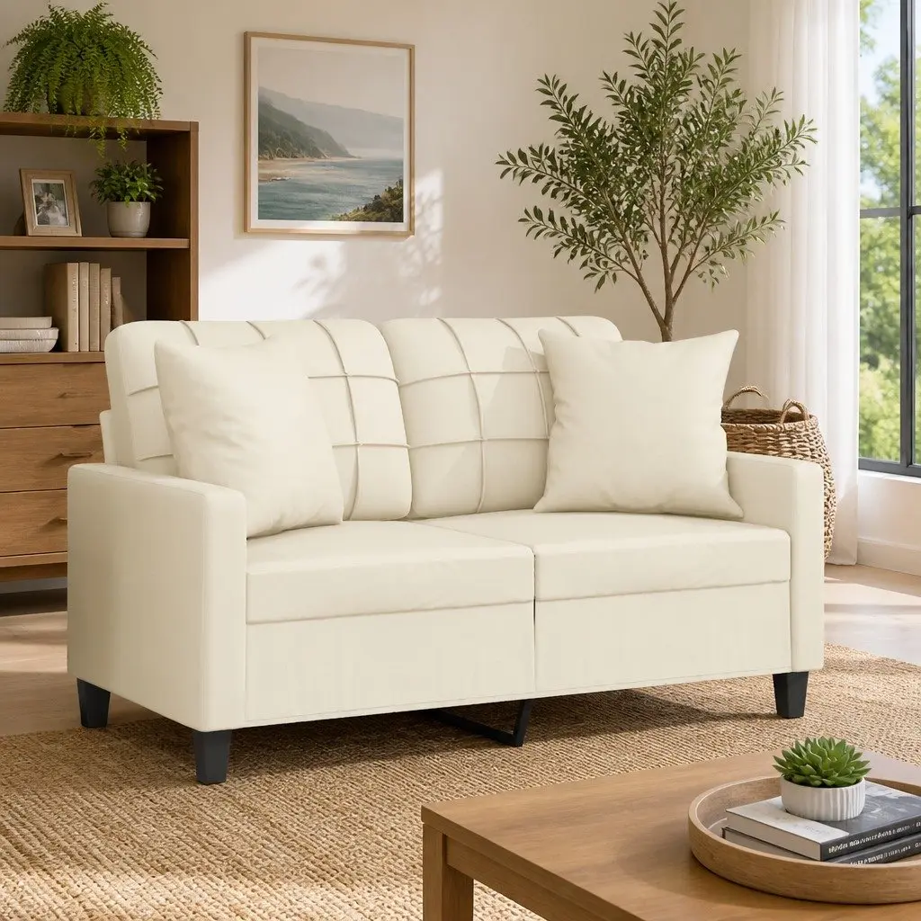 Cream Faux Leather 2-Seater Sofa with Cushions