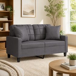 Modern 2-Seater Sofa in Grey Faux Leather with Pillows