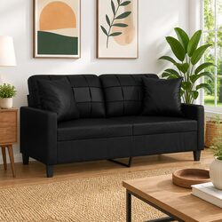 Stylish Black Faux Leather 2-Seater Sofa with Pillows
