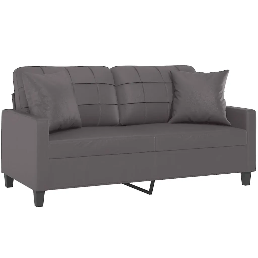 2-Seater Sofa Grey Faux Leather Lounge Couch with Throw Pillows 140cm Living