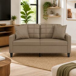 Brown Faux Leather 2-Seater Sofa with Throw Pillows 140cm