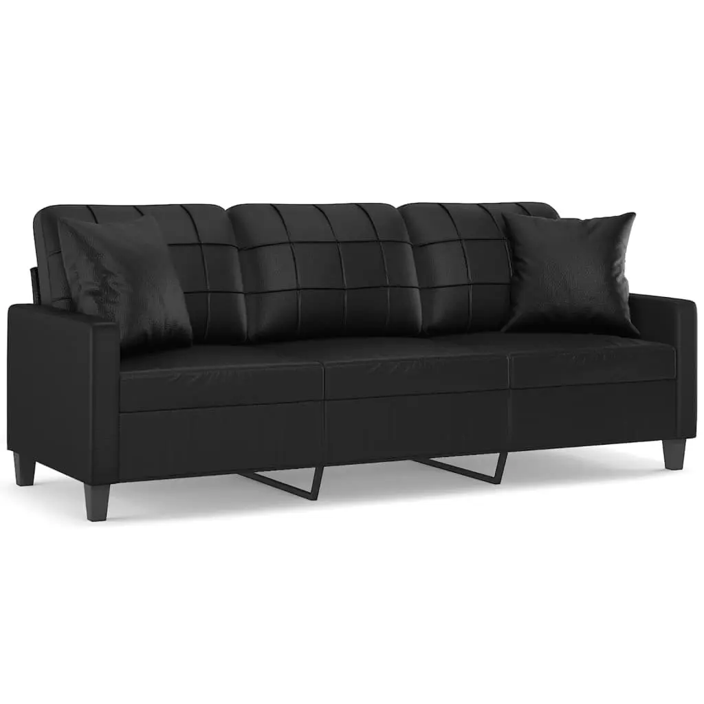 3-Seater Sofa Black Faux Leather Modern Design Lounge Couch with Throw Pillows