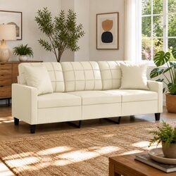 Cream Faux Leather 3-Seater Sofa with Throw Pillows 180cm