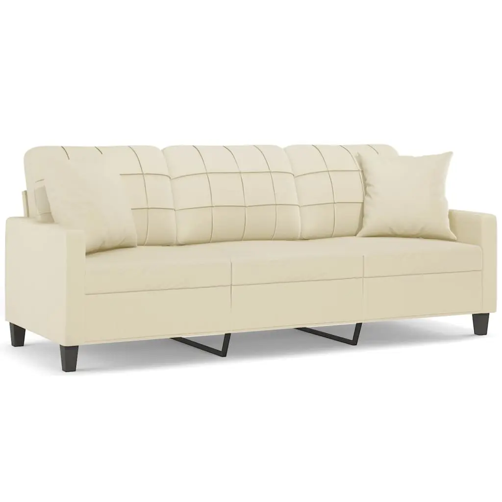 Cream Faux Leather 3-Seater Sofa with Throw Pillows 180cm