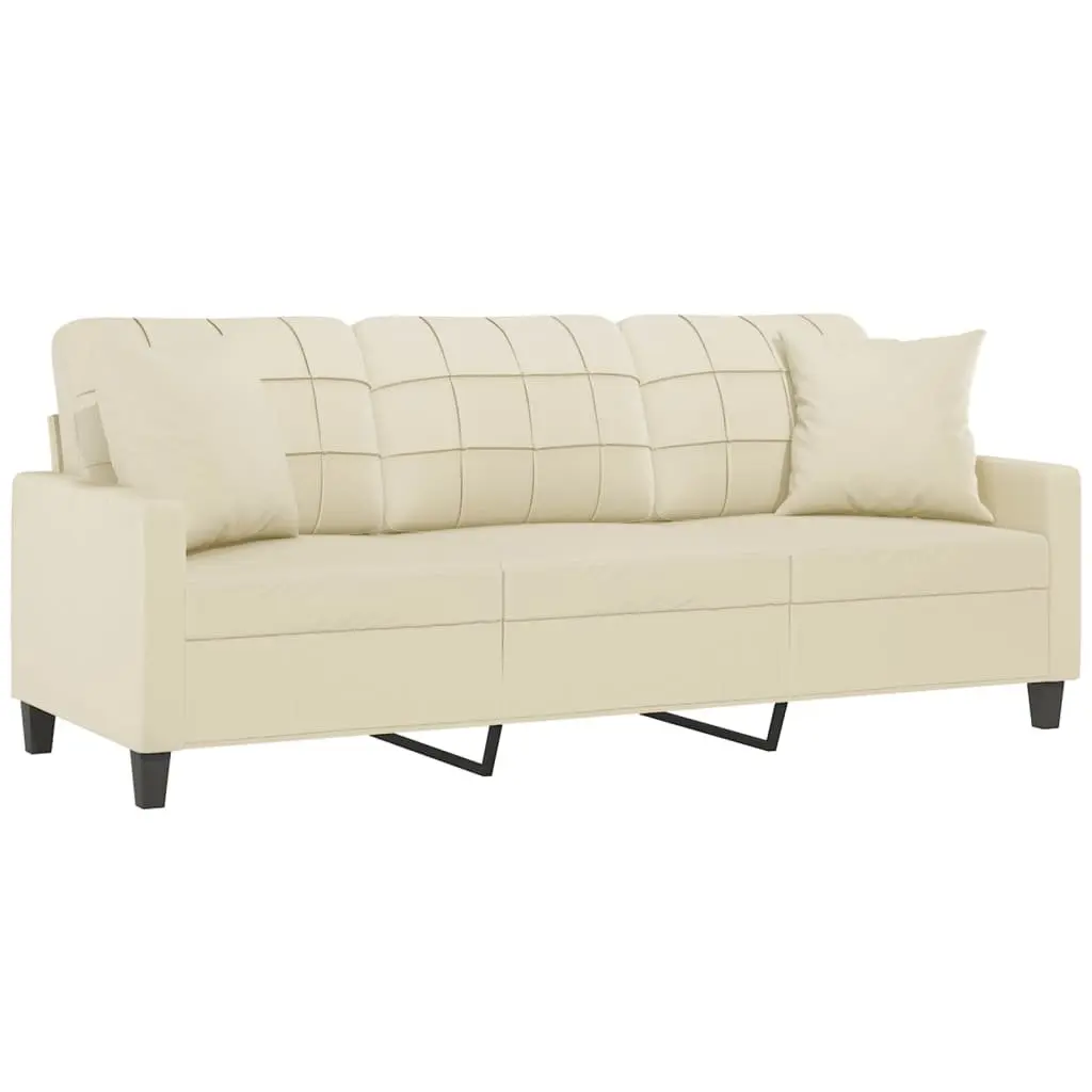 Cream Faux Leather 3-Seater Sofa with Throw Pillows 180cm