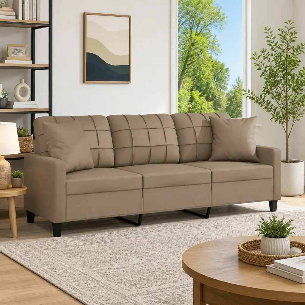 3-Seater Sofa in Brown Faux Leather with Cushions