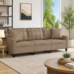 Durable 3-Seater Sofa in Brown Faux Leather with Cushions