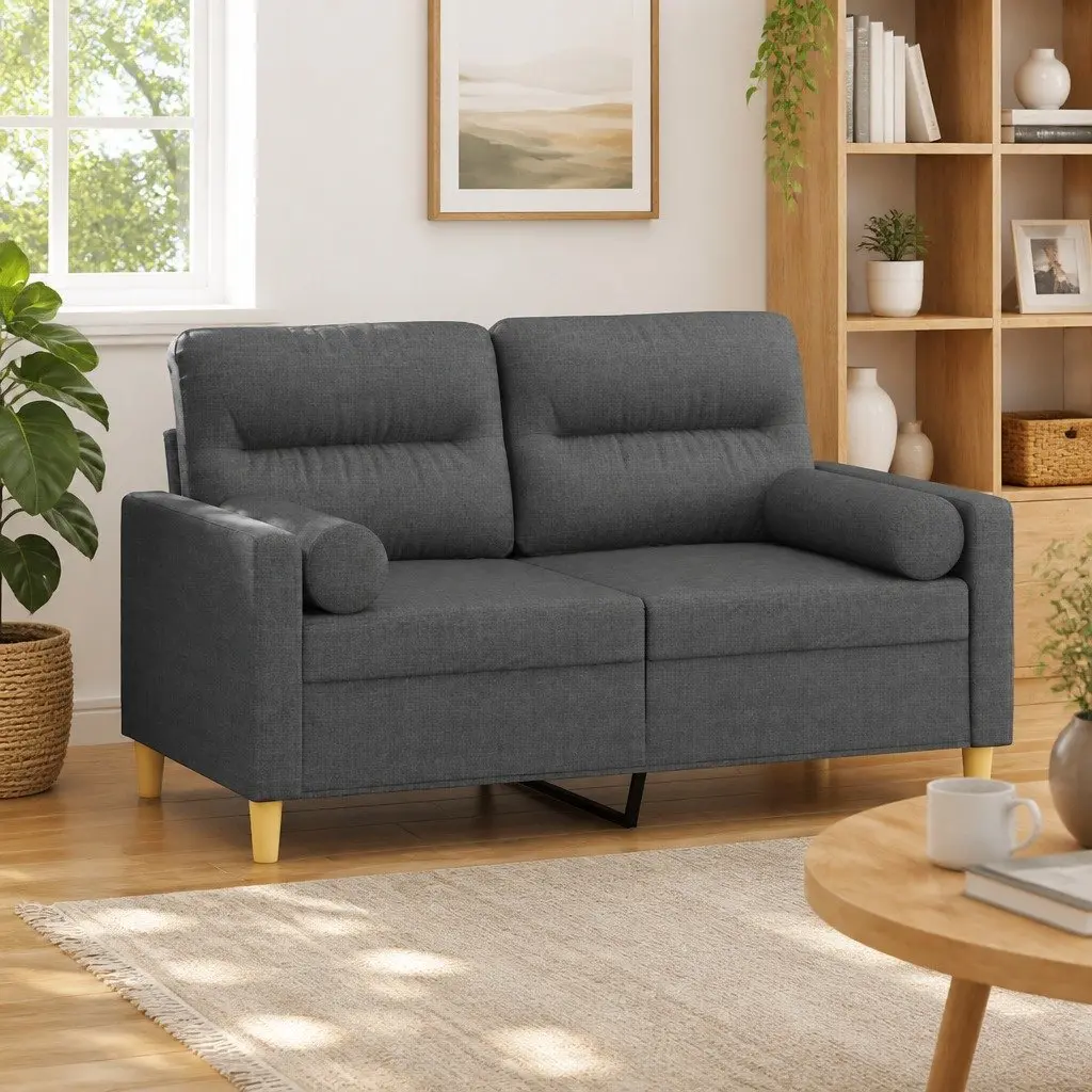 Grey Fabric 2-Seater Sofa with Pillows 120cm