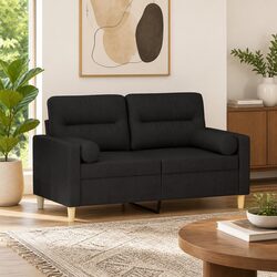 Modern 2-Seater Black Fabric Sofa with Pillows 120cm
