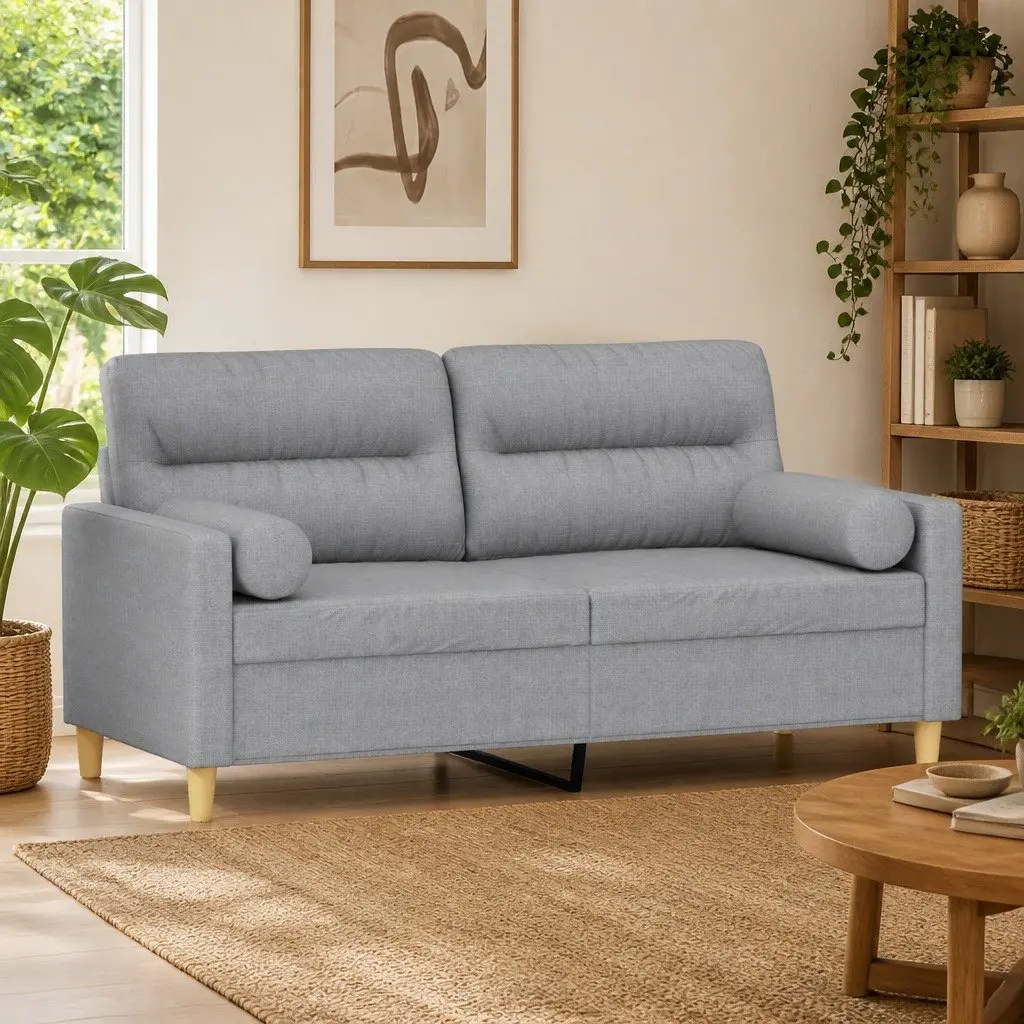 Grey Fabric 2-Seater Sofa with Throw Pillows 140cm