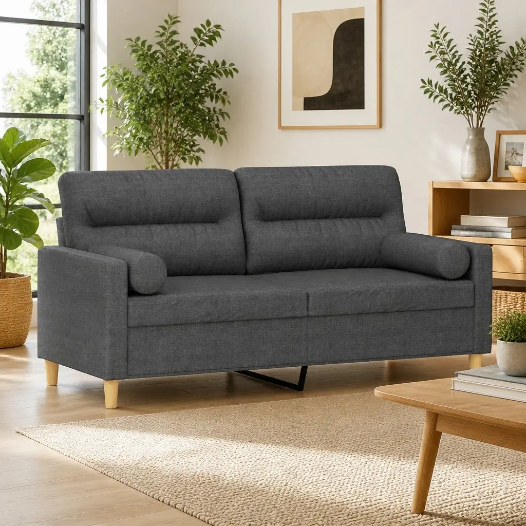 2-Seater Grey Fabric Sofa with Cushions 140cm