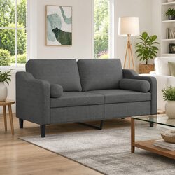 Durable Grey Fabric 2-Seater Sofa with Metal Frame and Pillows 140cm
