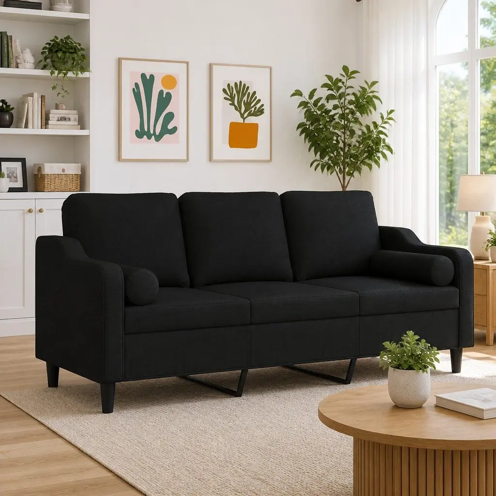 3-Seater Black Fabric Sofa with Pillows 180cm