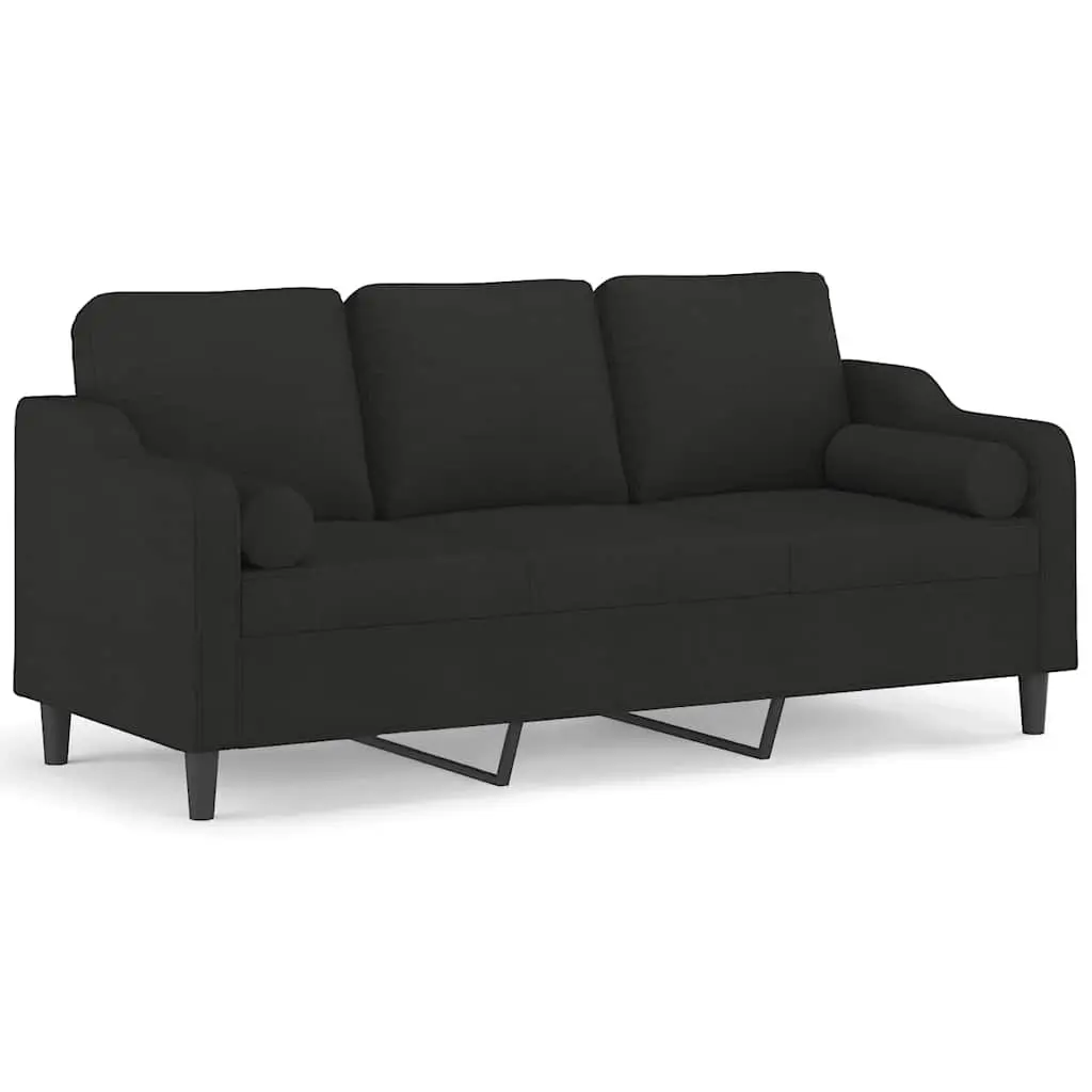 3-Seater Black Fabric Sofa with Pillows 180cm