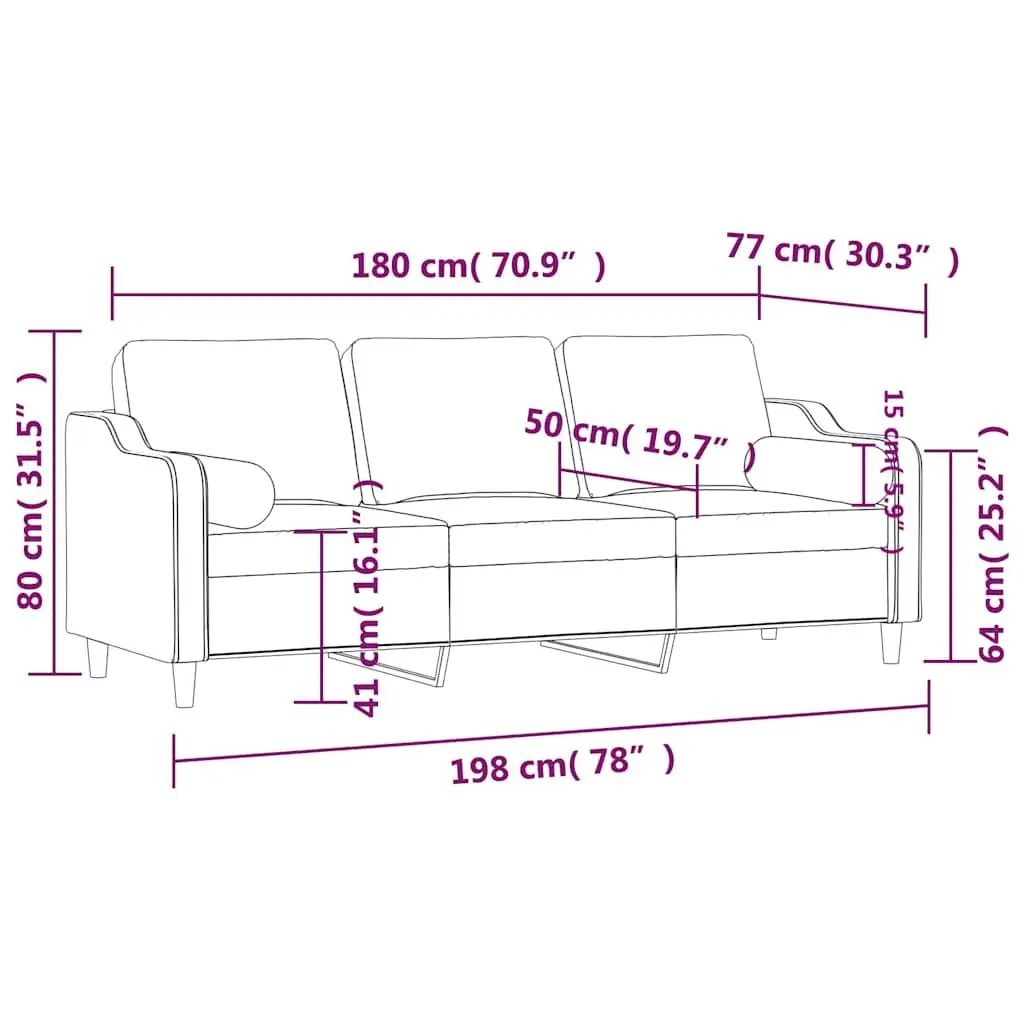 3-Seater Black Fabric Sofa with Pillows 180cm