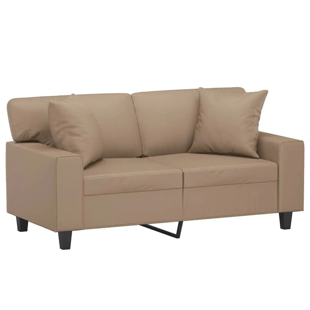 Brown Faux Leather 2-Seater Sofa with Throw Pillows