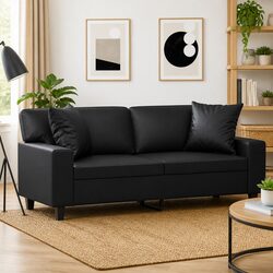 Black Faux Leather 2-Seater Sofa with Throw Pillows 140cm