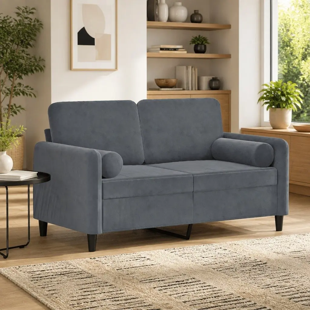 Grey Velvet 2-Seater Sofa with Throw Pillows