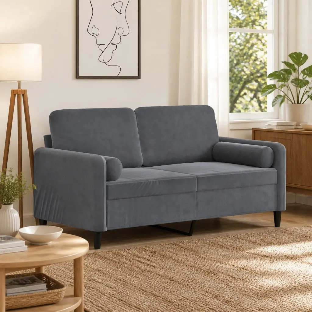 Grey Velvet 2-Seater Sofa with Throw Pillows