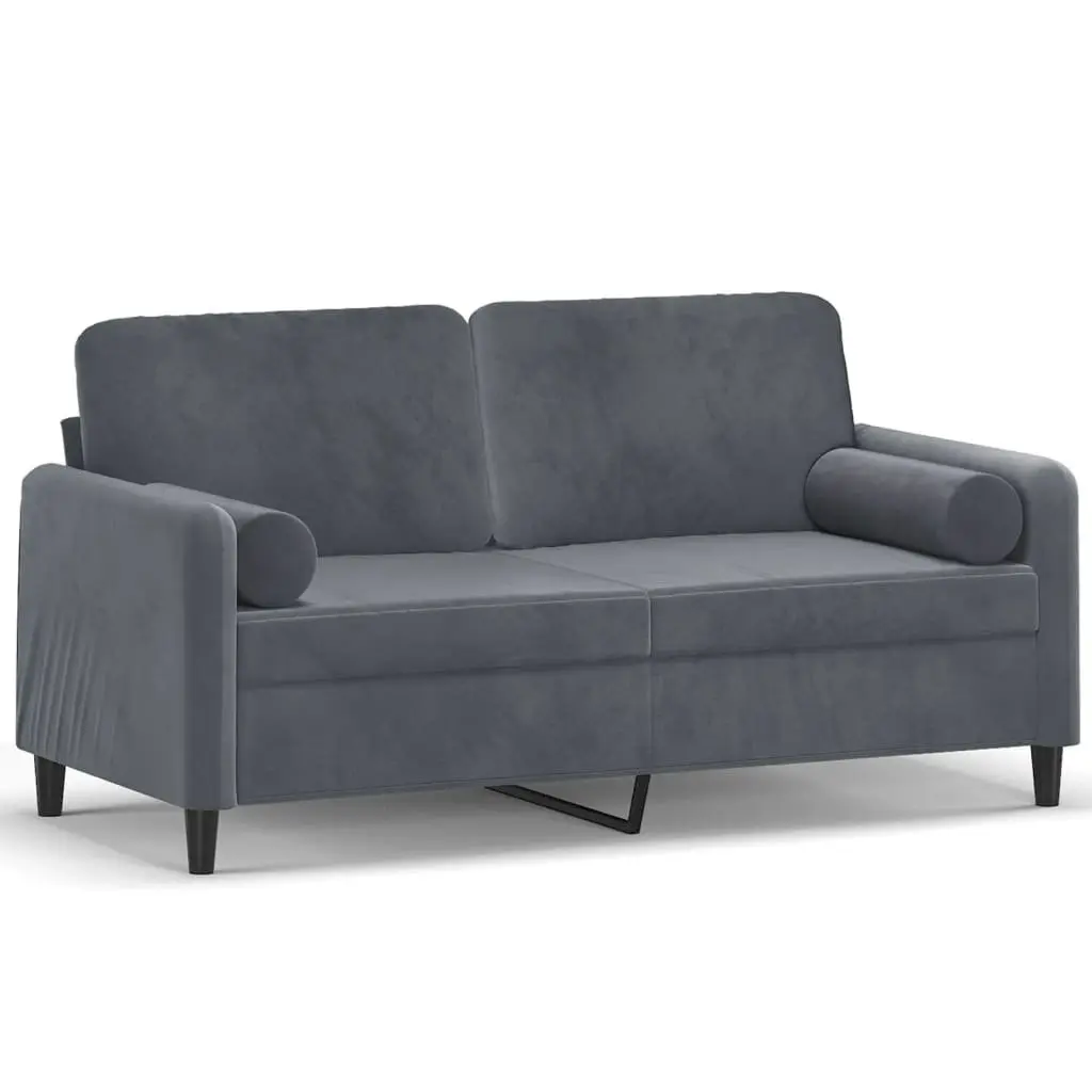 Grey Velvet 2-Seater Sofa with Throw Pillows
