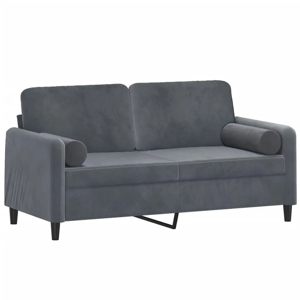 Grey Velvet 2-Seater Sofa with Throw Pillows