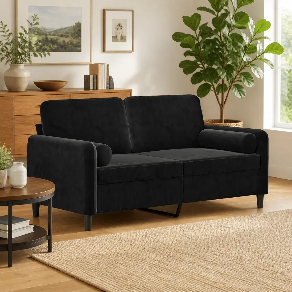 Black 2-Seater Velvet Sofa with Throw Pillows